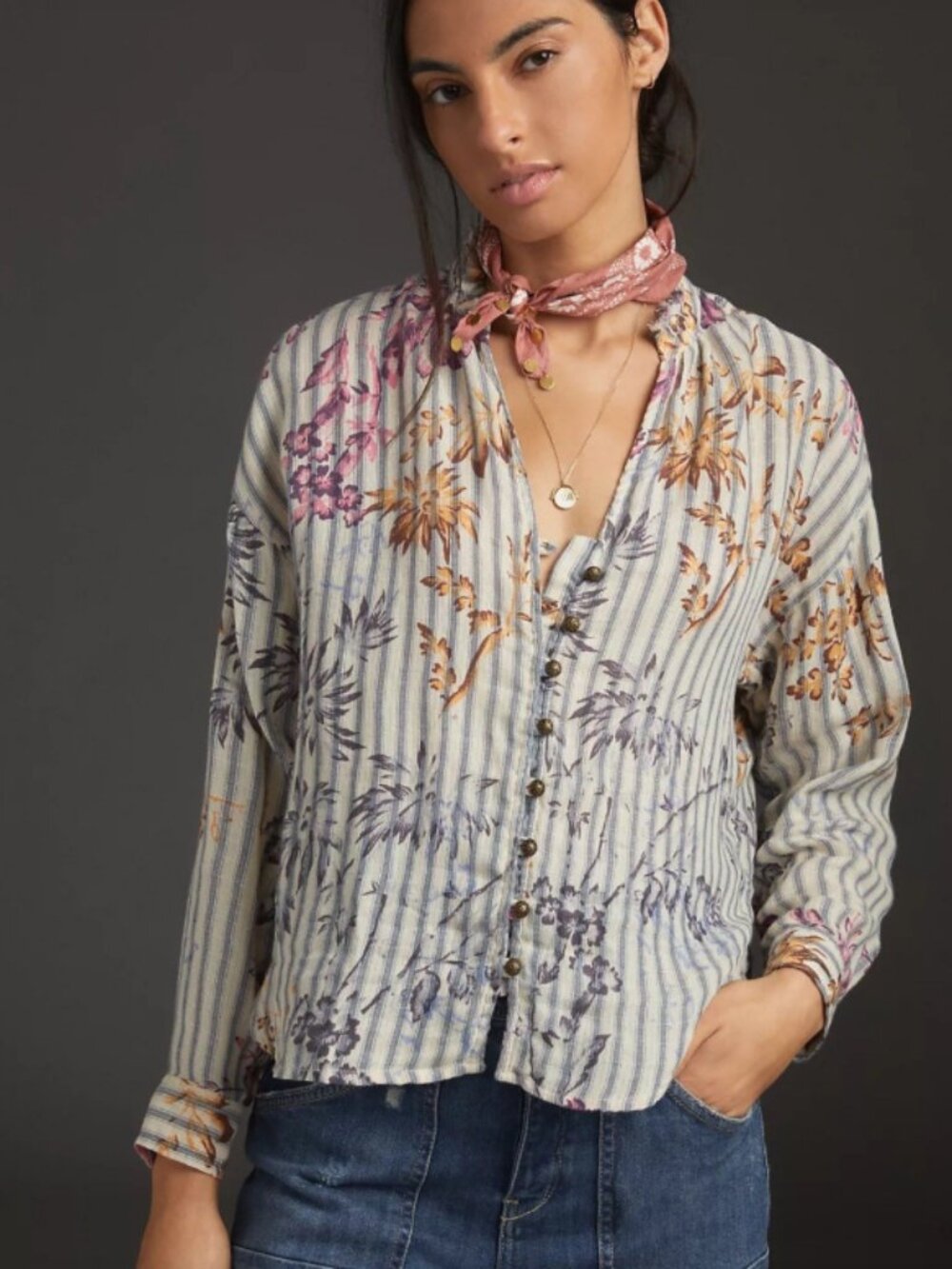 Anthropologie Pilcro Tavi Floral Stripe Ruffle Button Down Boho Shirt Size S